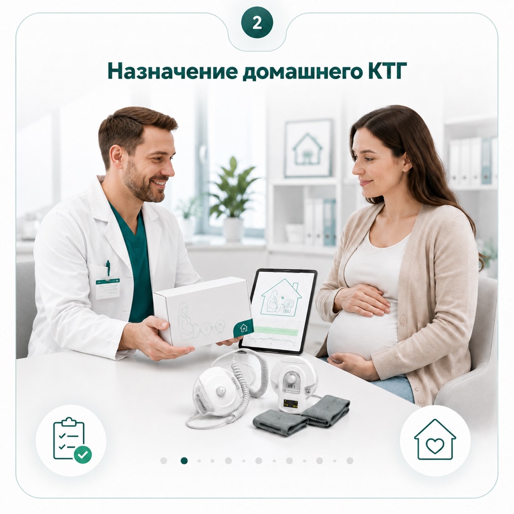 Врач передаёт беременной пациентке комплект для домашнего КТГ