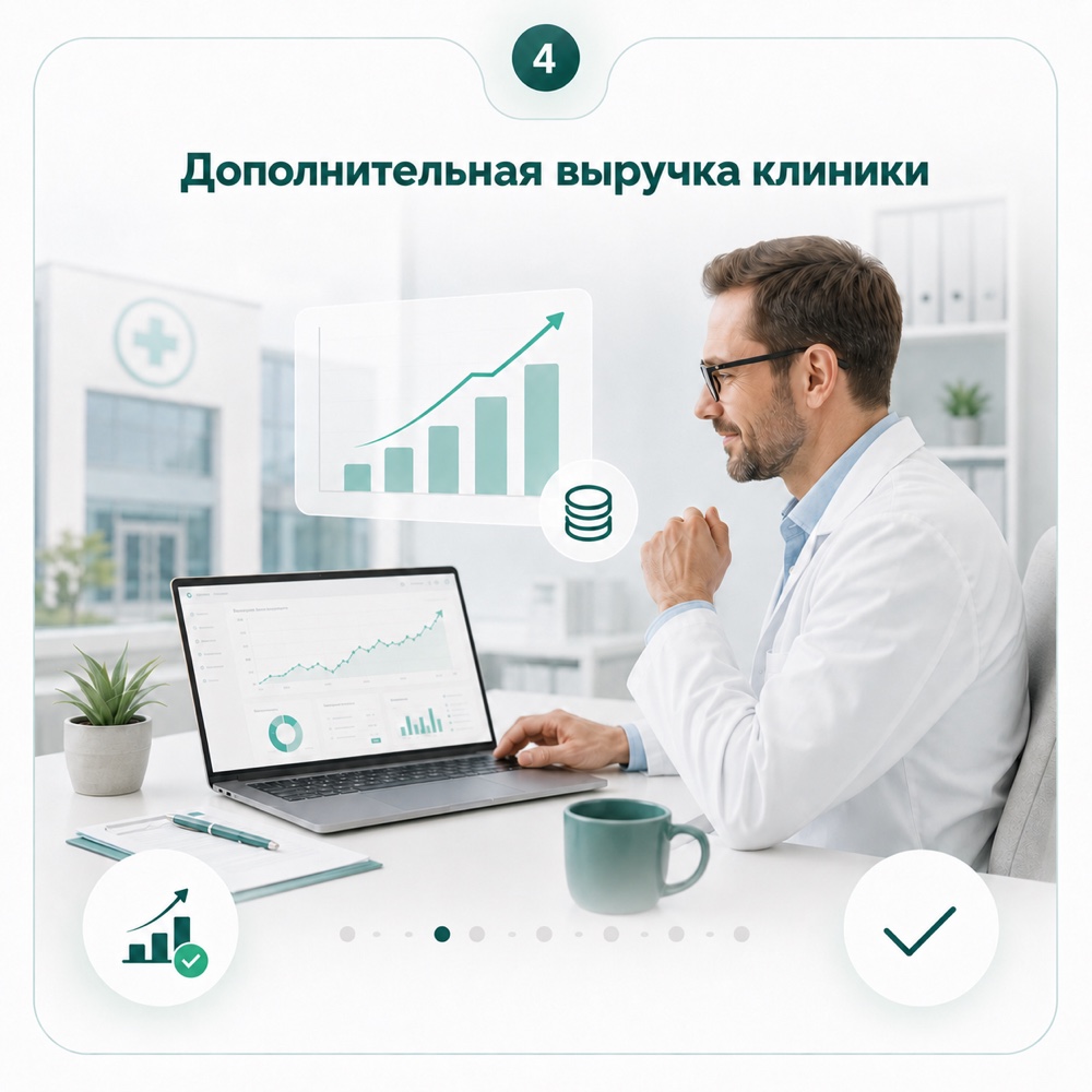 Представитель клиники анализирует показатели услуги на ноутбуке
