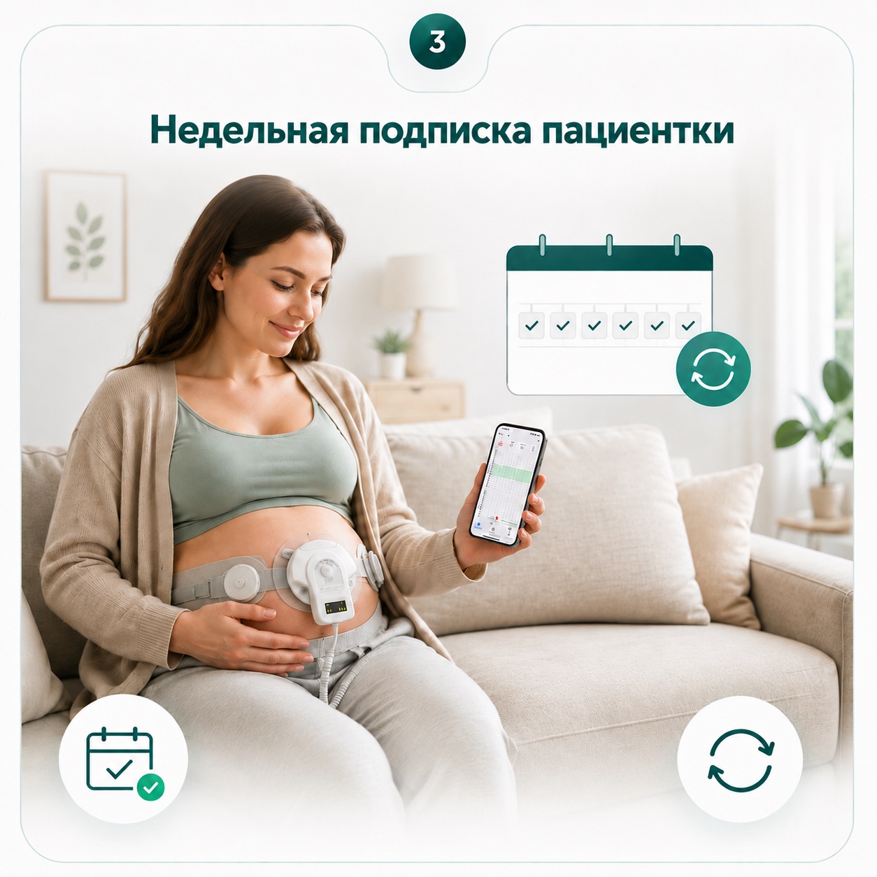 Беременная пациентка проводит исследование КТГ дома и смотрит запись в приложении